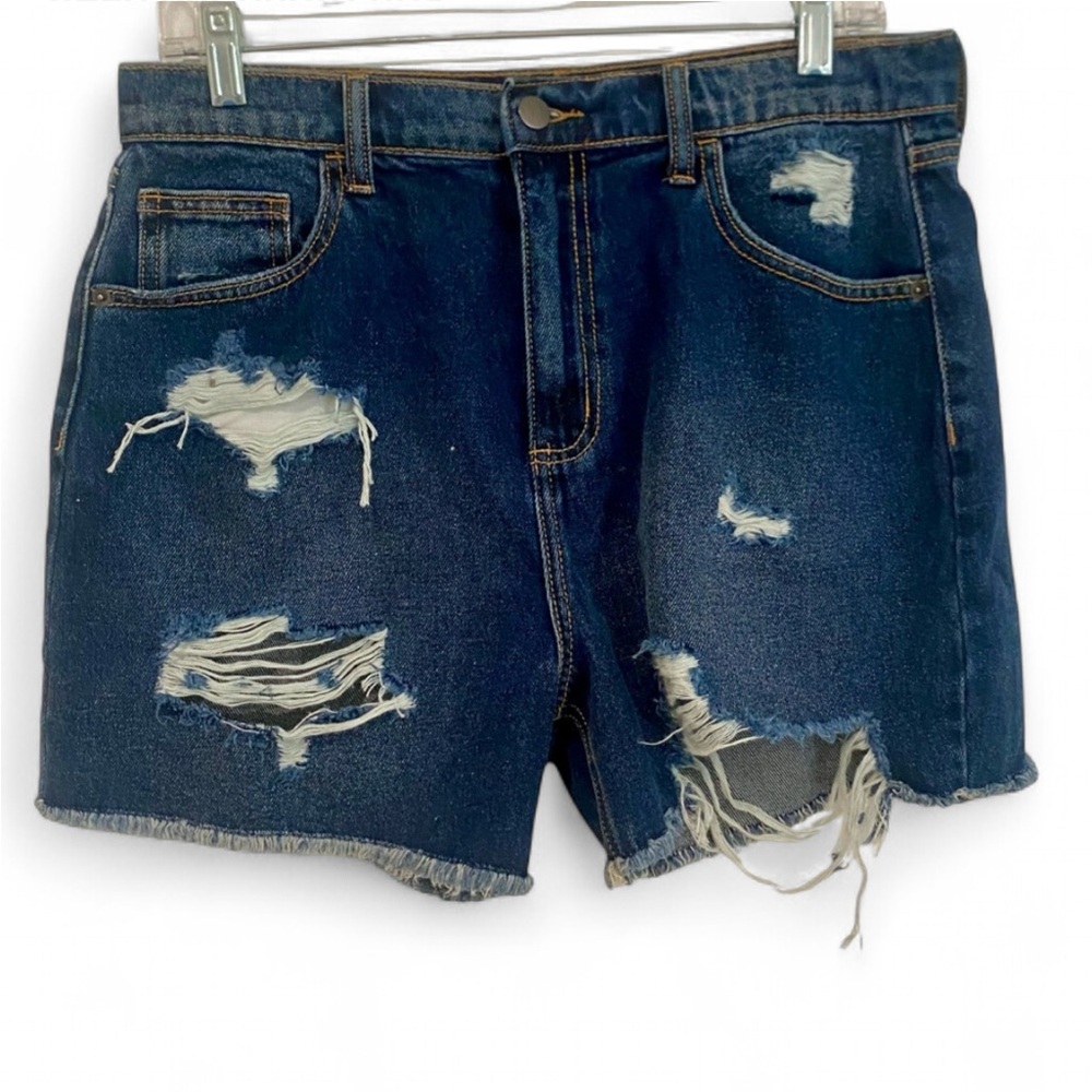 FASHION NOVA DARK WASH DISTRESSED DENIM JEAN CUT OFF SHORTS 100% COTTON SIZE 13